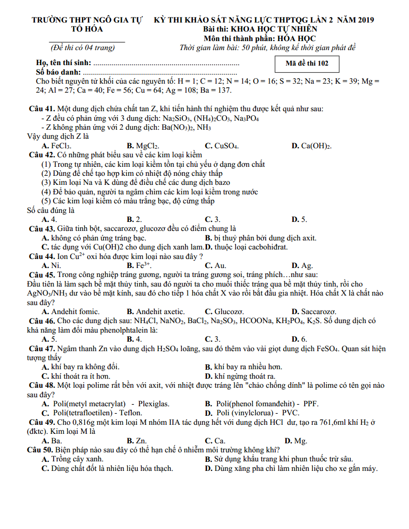 Chi tiết Đề thi thử 2019 môn Hóa THPT Ngô Gia Tự – Phú Yên lần 2
