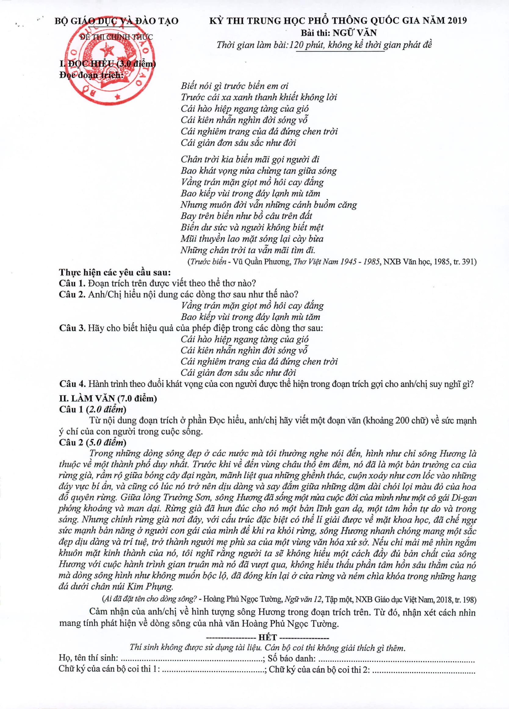Đáp án của Bộ GD&ĐT môn Ngữ Văn THPT 2019