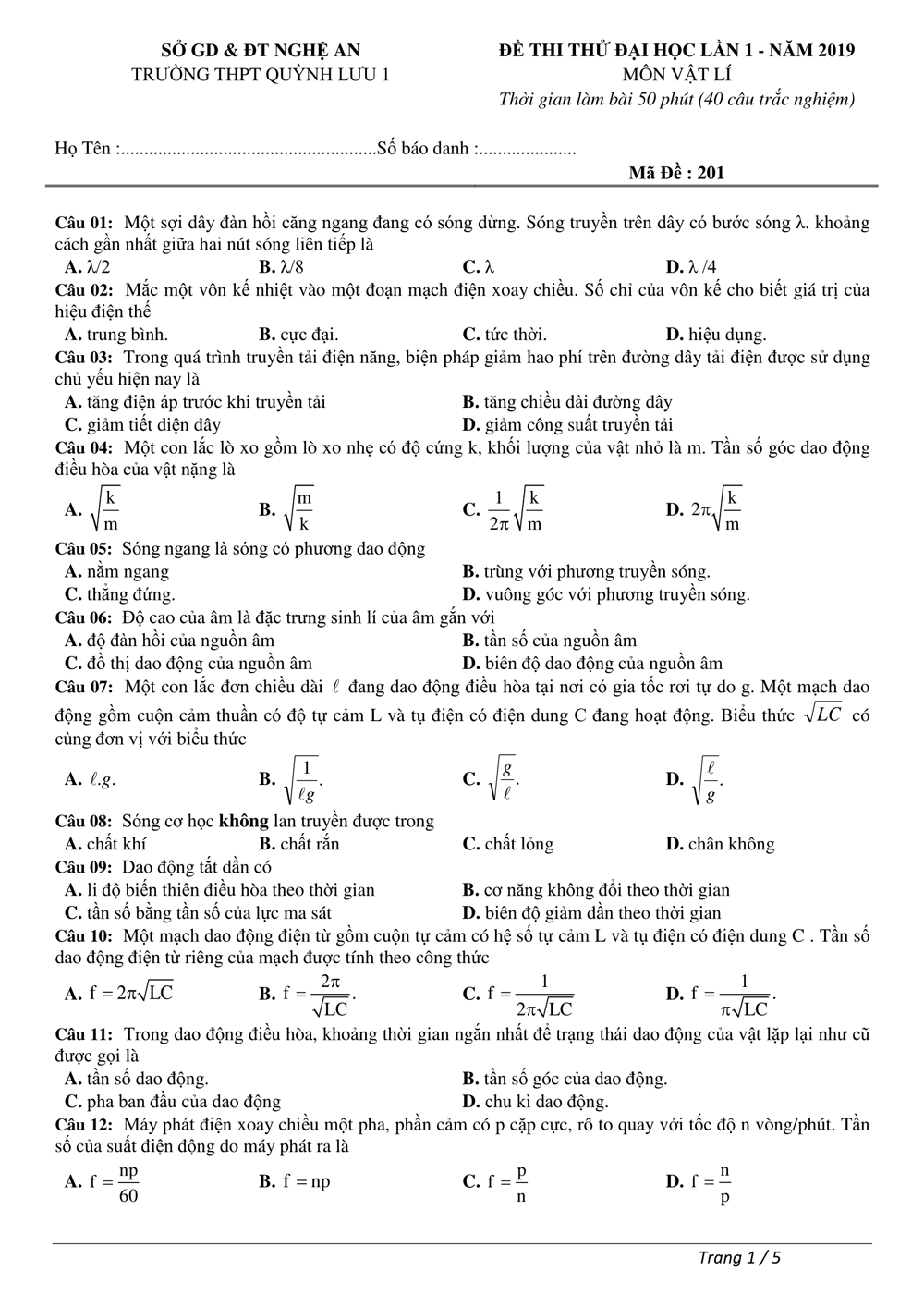 Đề thi thử Đại Học môn Vật lý lần 1 trường THPT Quỳnh Lưu