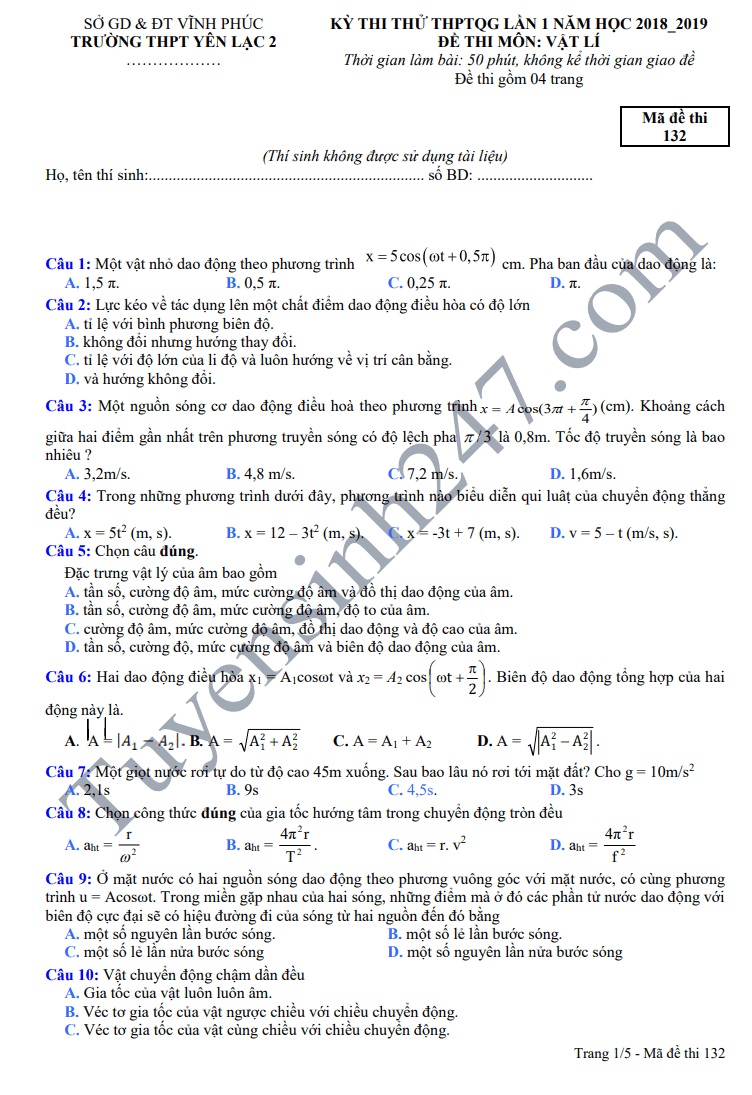 Đề thi thử THPT Quốc gia 2019 môn Vật Lý (có đáp án)