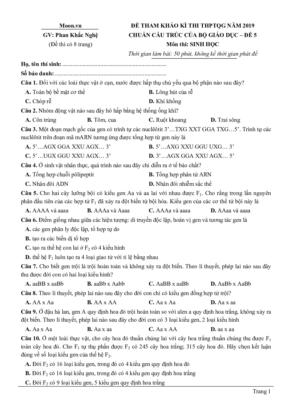 Lời giải chi tiết môn Sinh học của thầy Phan Khắc Nghệ