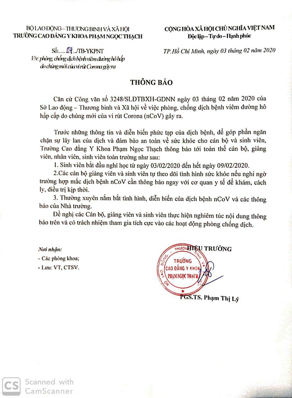 Thông báo lịch nghỉ đến sinh viên để ứng phó dịch Corana