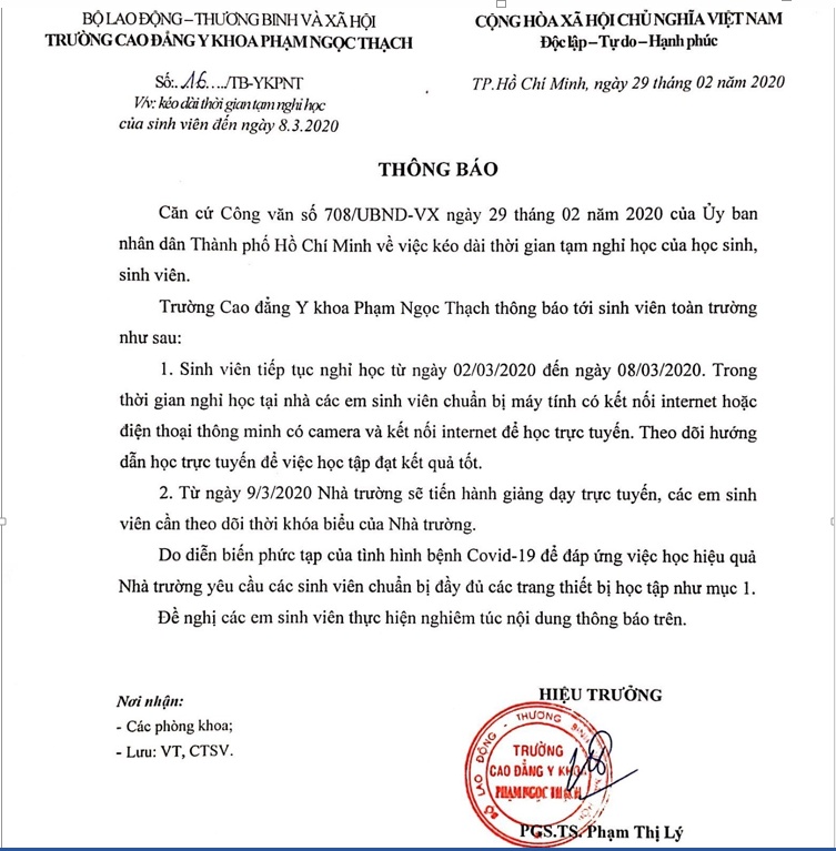 Thông báo về việc tiếp tục nghỉ học để phòng ngừa dịch bệnh do Virus Corona